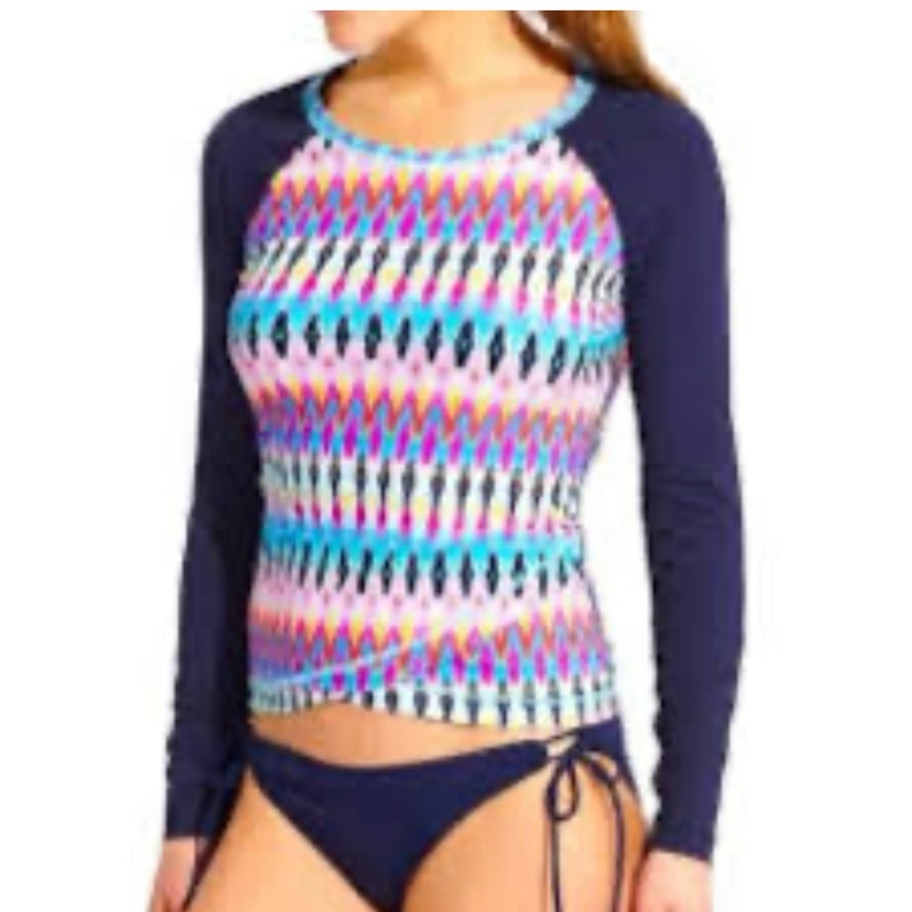 Athleta  Boscabell Swim Criss Cross Rash Guard Navy Multicolor Pullover sz L